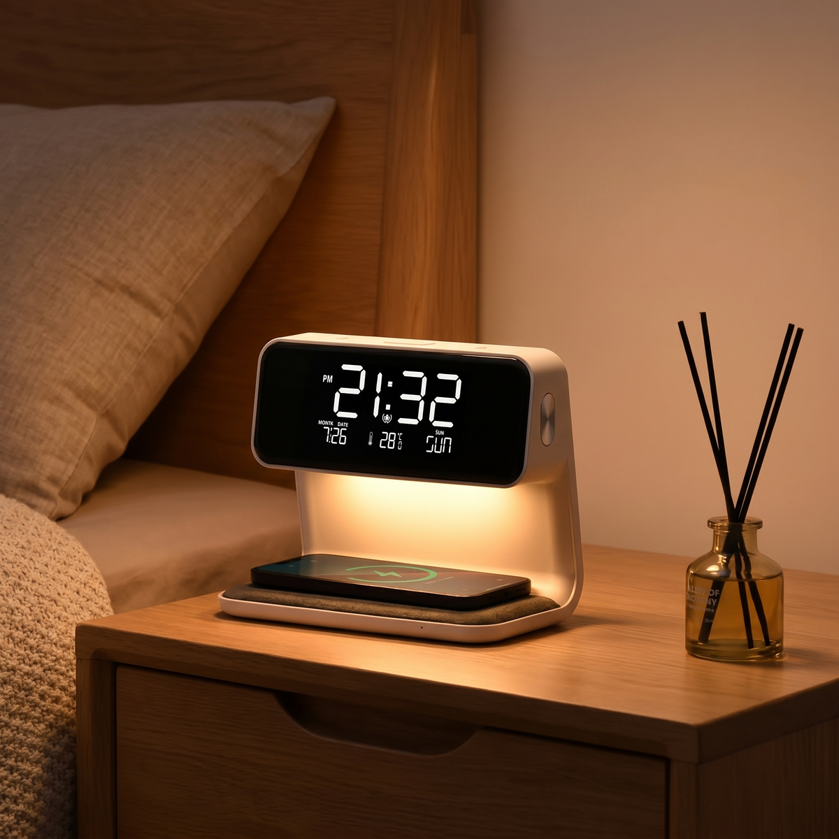 3-in-1 Bedside Lamp with Wireless Charger LED Night Light and LCD Clock