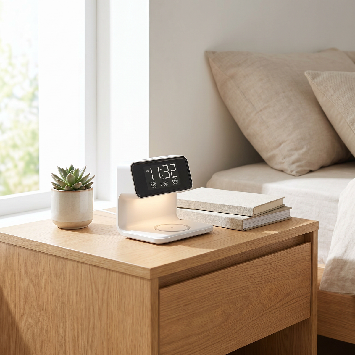 3-in-1 Bedside Lamp with Wireless Charger LED Night Light and LCD Clock