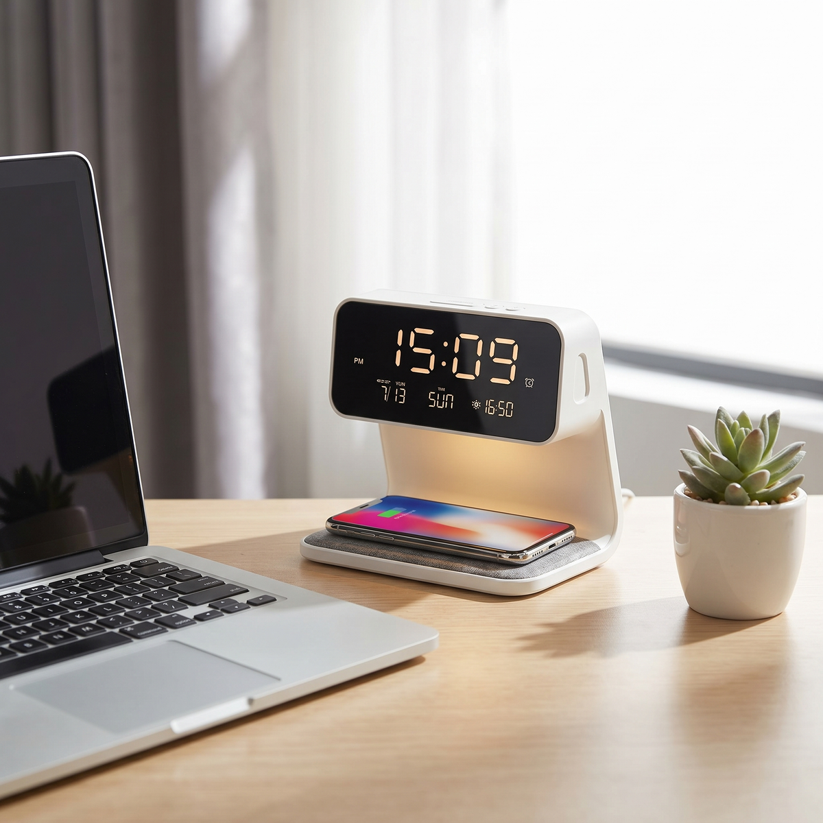 3-in-1 Bedside Lamp with Wireless Charger LED Night Light and LCD Clock