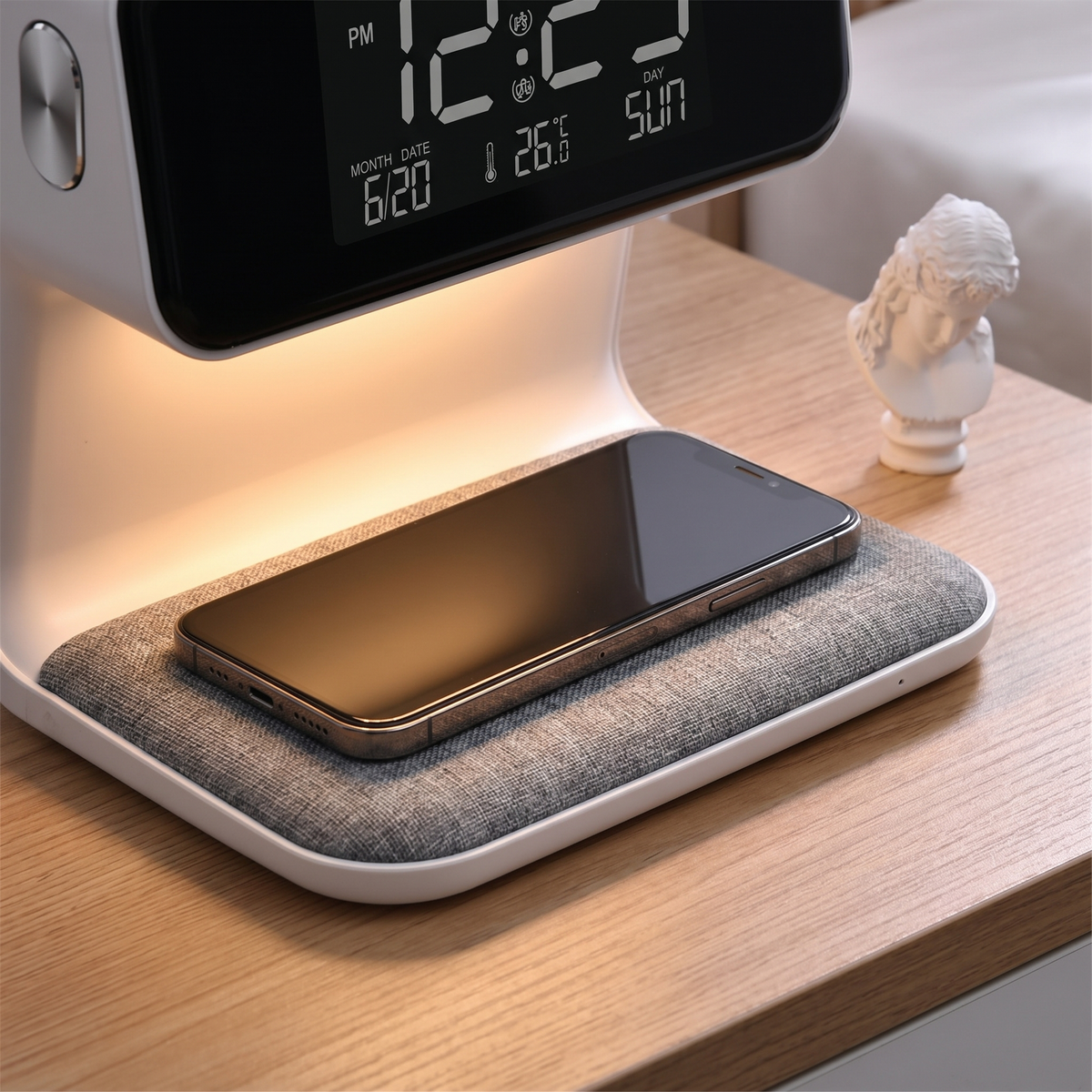 3-in-1 Bedside Lamp with Wireless Charger LED Night Light and LCD Clock