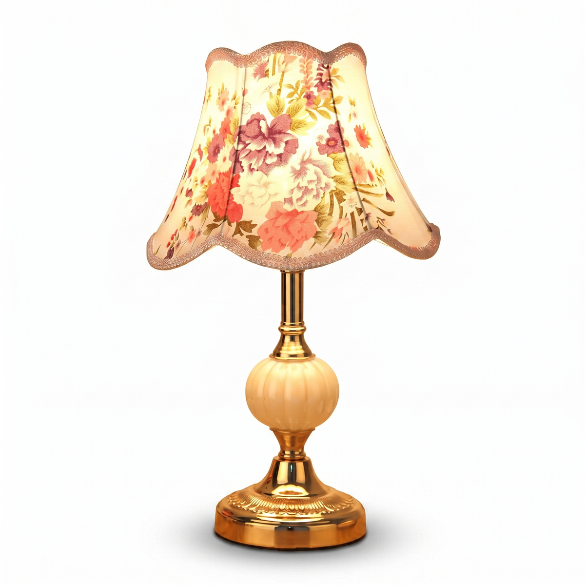 Vintage Floral Table Lamp with Fluted Opal Glass and Gold Metal Base