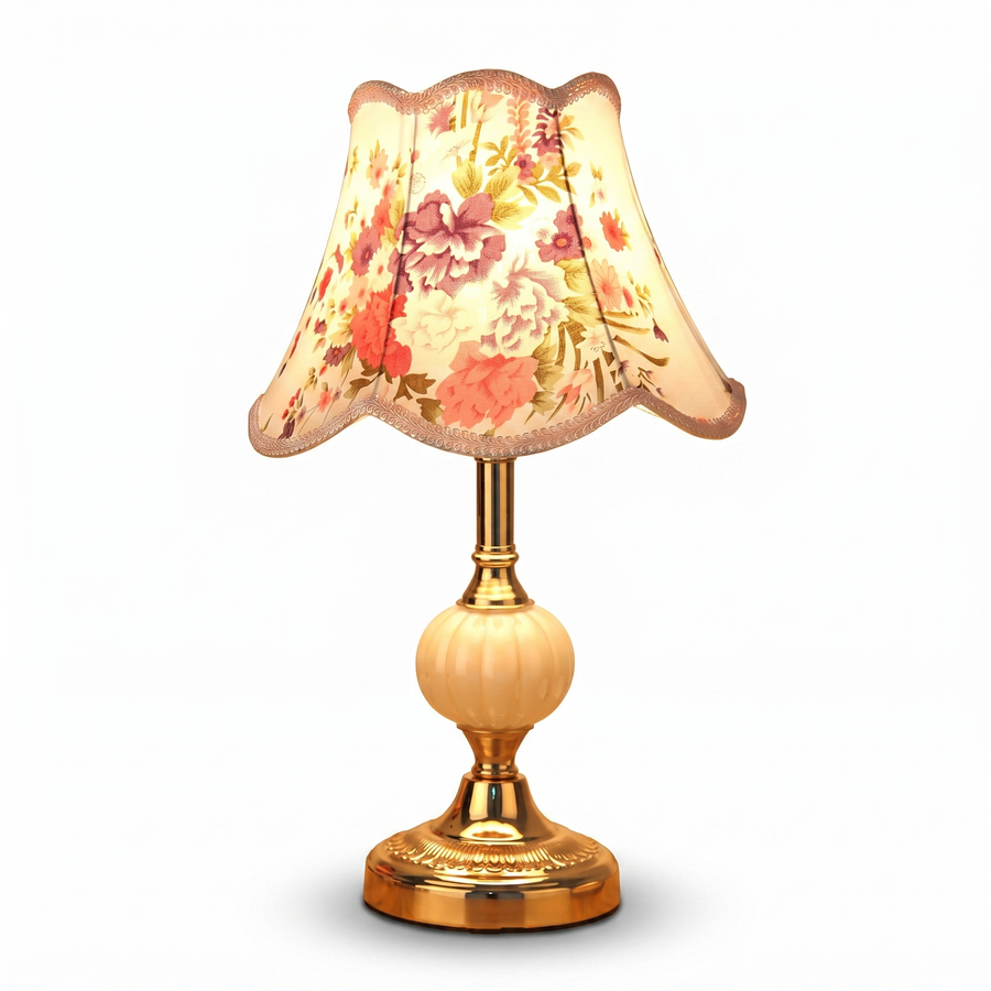 Vintage Floral Table Lamp with Fluted Opal Glass and Gold Metal Base