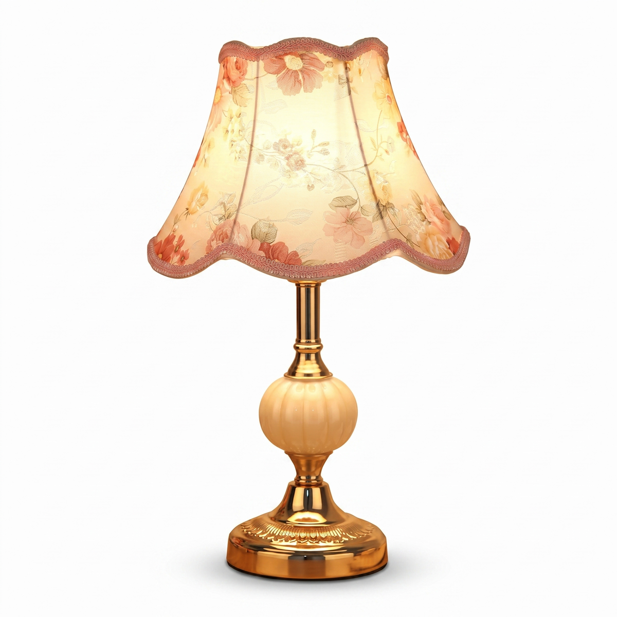 Vintage Floral Table Lamp with Fluted Opal Glass and Gold Metal Base