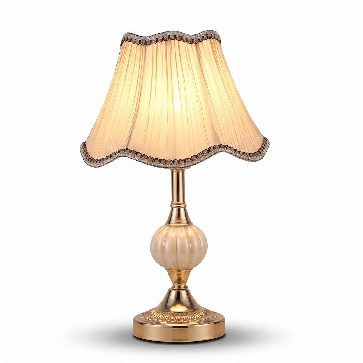 Vintage Floral Table Lamp with Fluted Opal Glass and Gold Metal Base