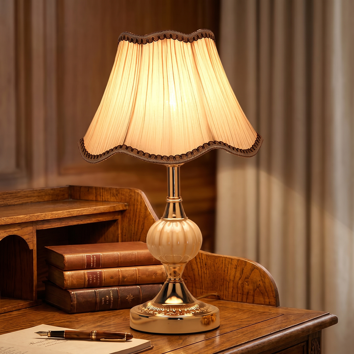 Vintage Floral Table Lamp with Fluted Opal Glass and Gold Metal Base
