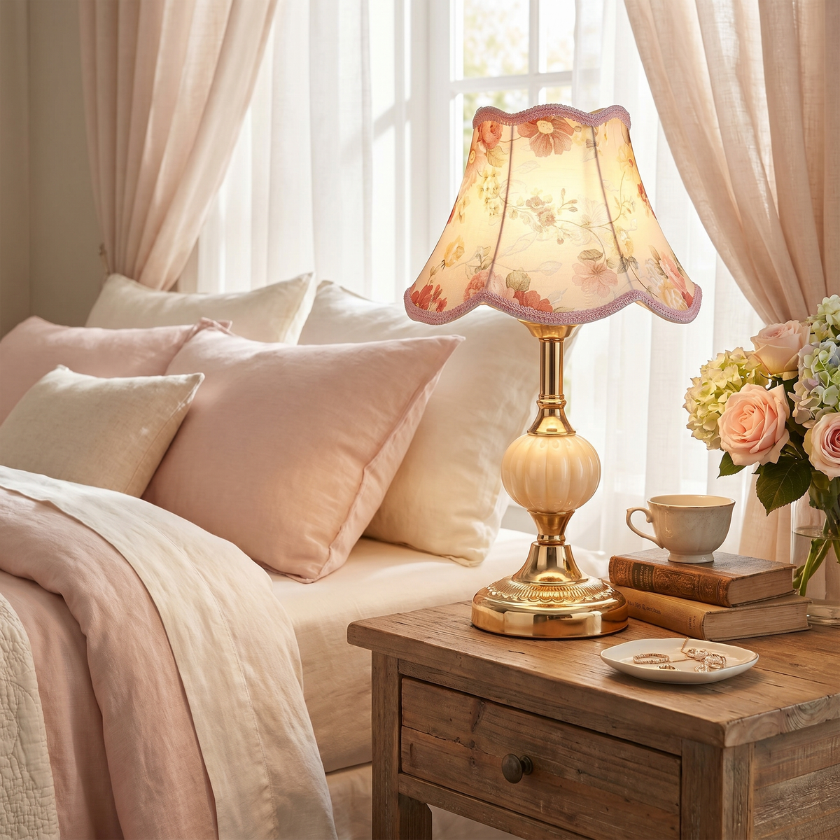 Vintage Floral Table Lamp with Fluted Opal Glass and Gold Metal Base
