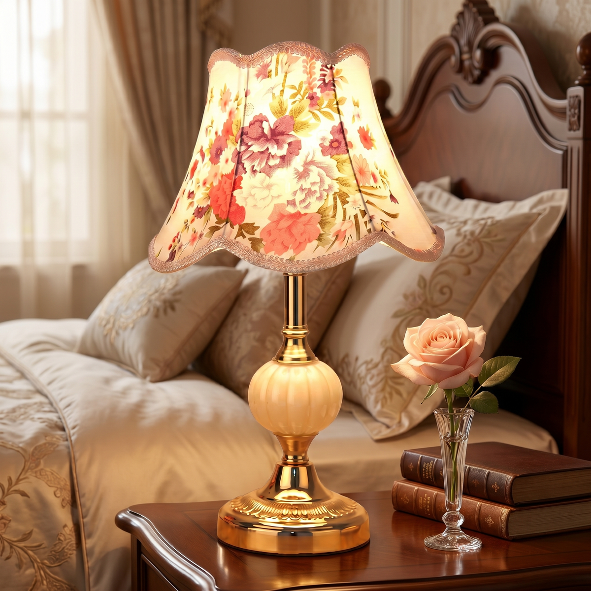 Vintage Floral Table Lamp with Fluted Opal Glass and Gold Metal Base