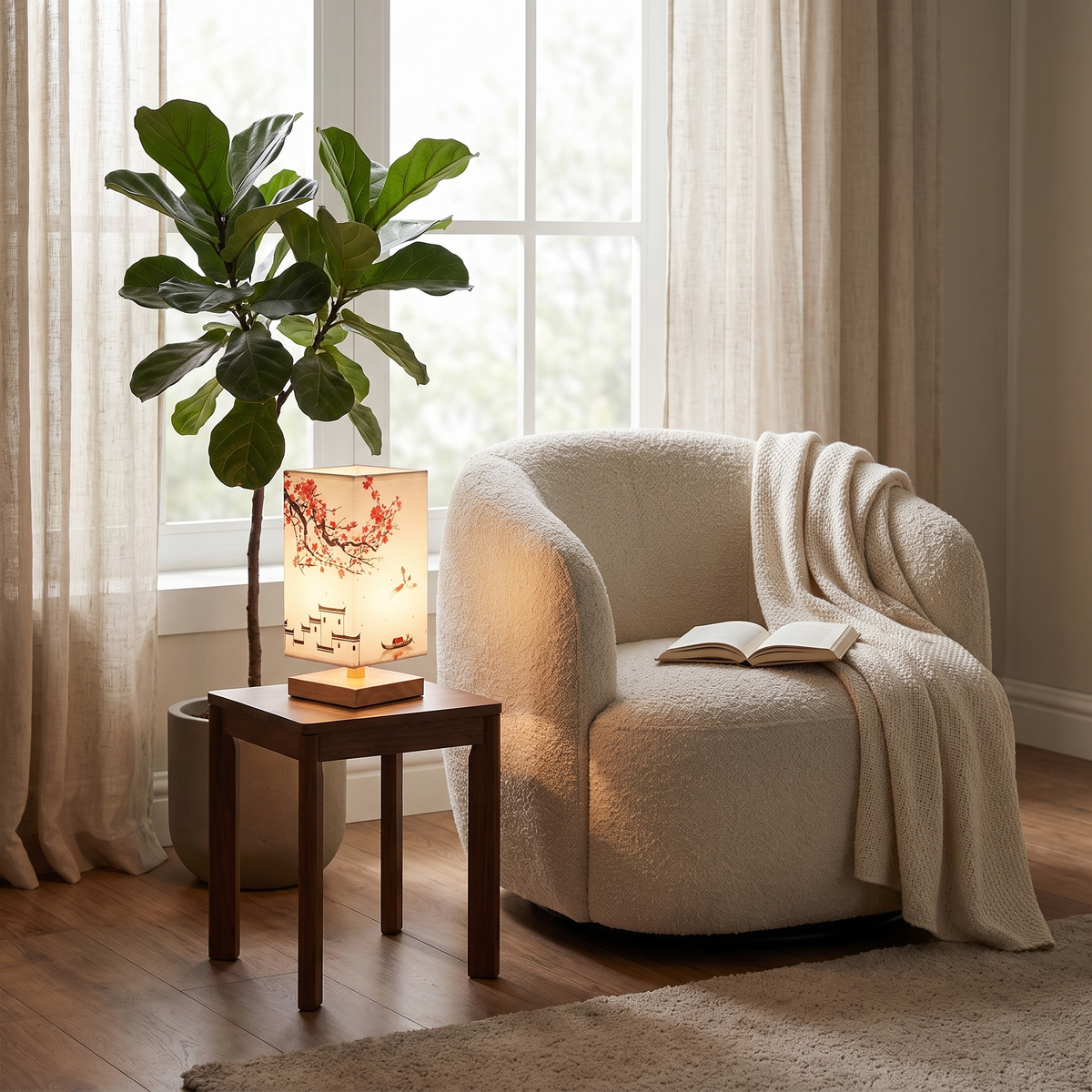 Bamboo Table Lamp with Hand-Painted Silk Shade