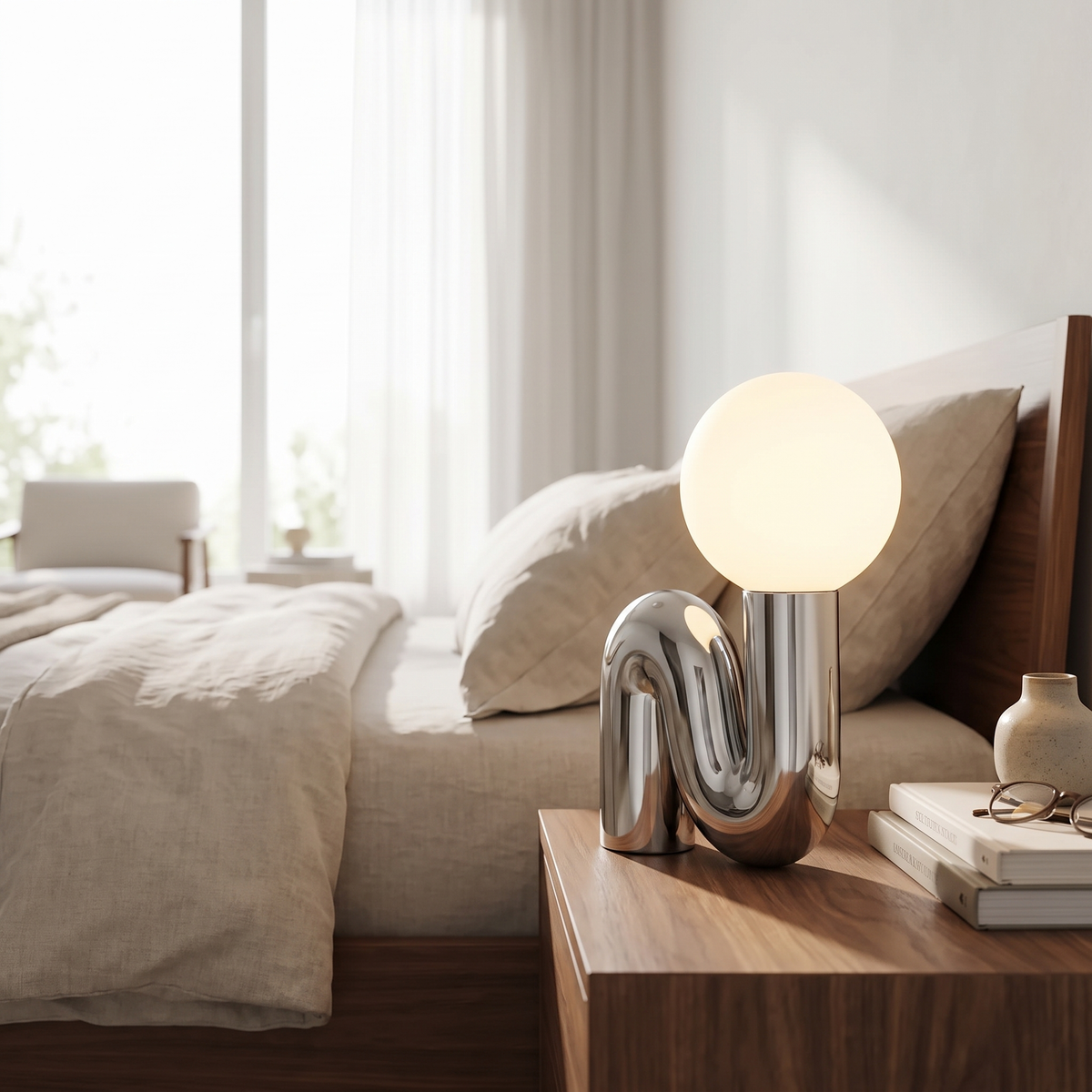 Sculptural Curl Table Lamp Chrome Frame with Glass Globe