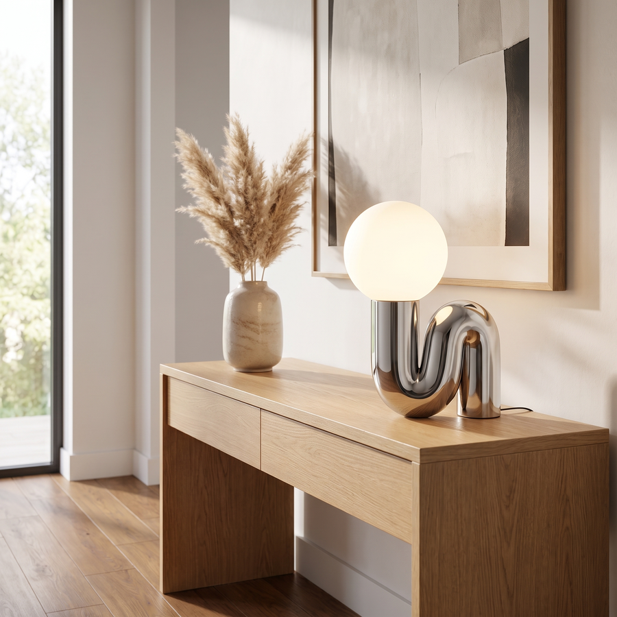Sculptural Curl Table Lamp Chrome Frame with Glass Globe
