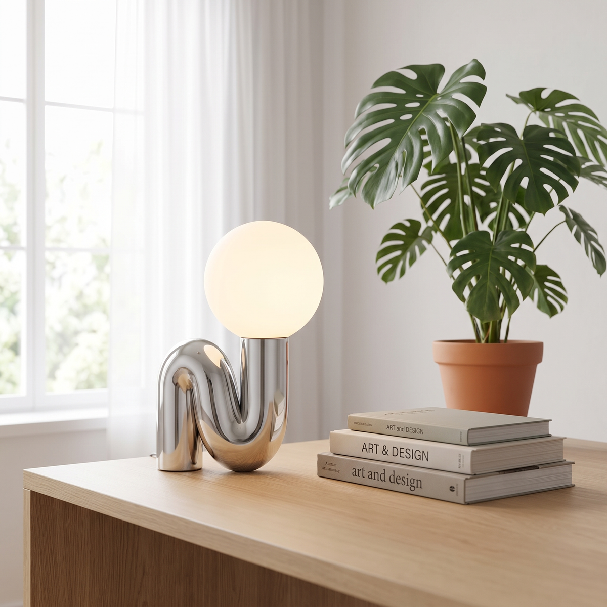 Sculptural Curl Table Lamp Chrome Frame with Glass Globe