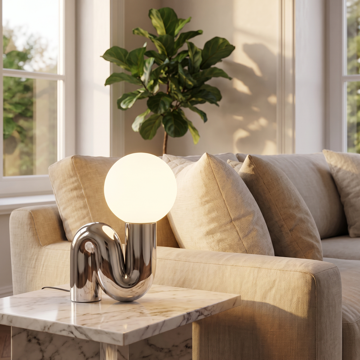 Sculptural Curl Table Lamp Chrome Frame with Glass Globe