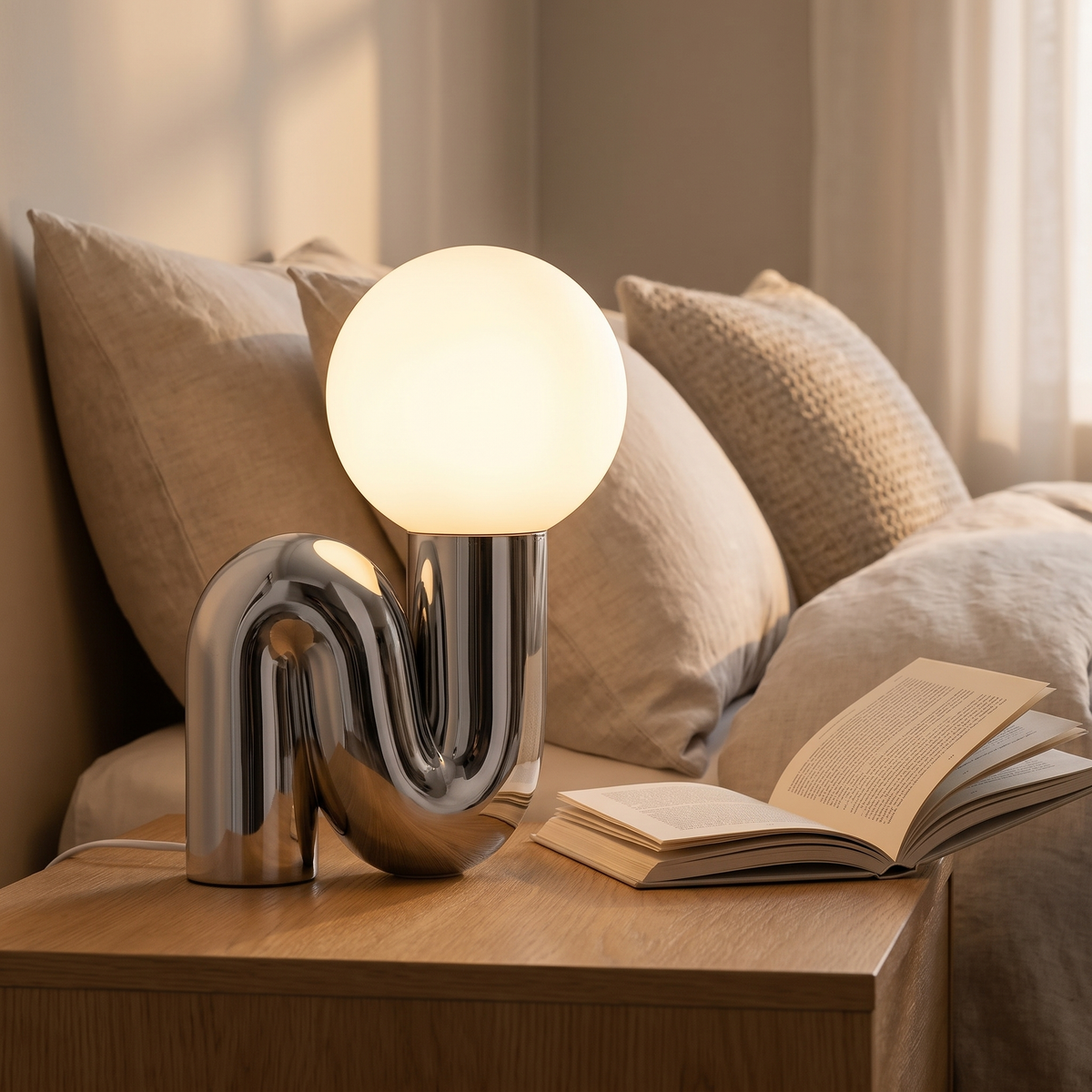 Sculptural Curl Table Lamp Chrome Frame with Glass Globe
