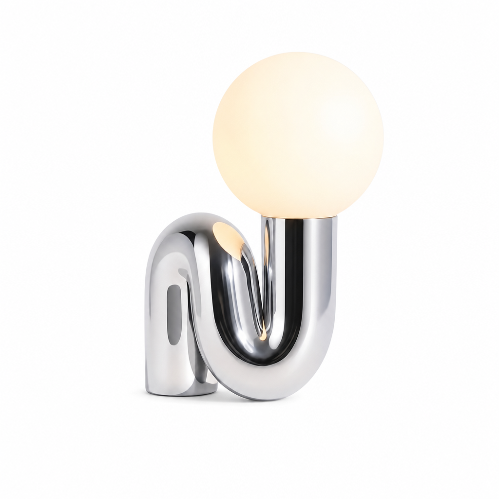 Sculptural Curl Table Lamp Chrome Frame with Glass Globe